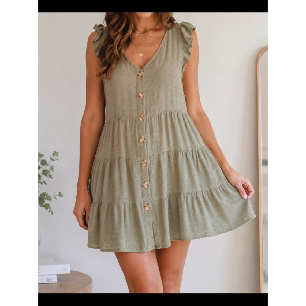 E&M Sage Green Swiss Dot Tiered Babydoll Dress Small Boho Cottagecore Rayon